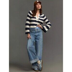 Pilcro Striped Bell Sleeve Henley Sweater XS Blue White Cropped Knit Boho Anthro